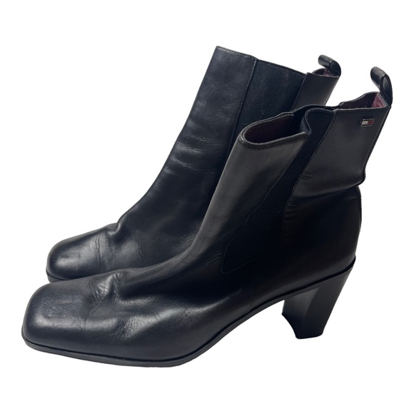 Tommy Hilfiger Square Toe Block Heel Leather Black Short Leather Boots Size 10M - Picture 4 of 13